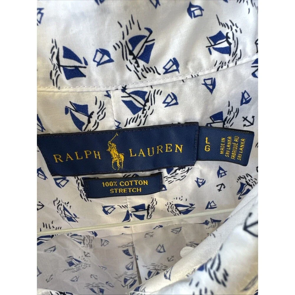 Polo Ralph Lauren Mens Stretch Classic Fit Cotton Blend Sailboat Print Shirt Lrg